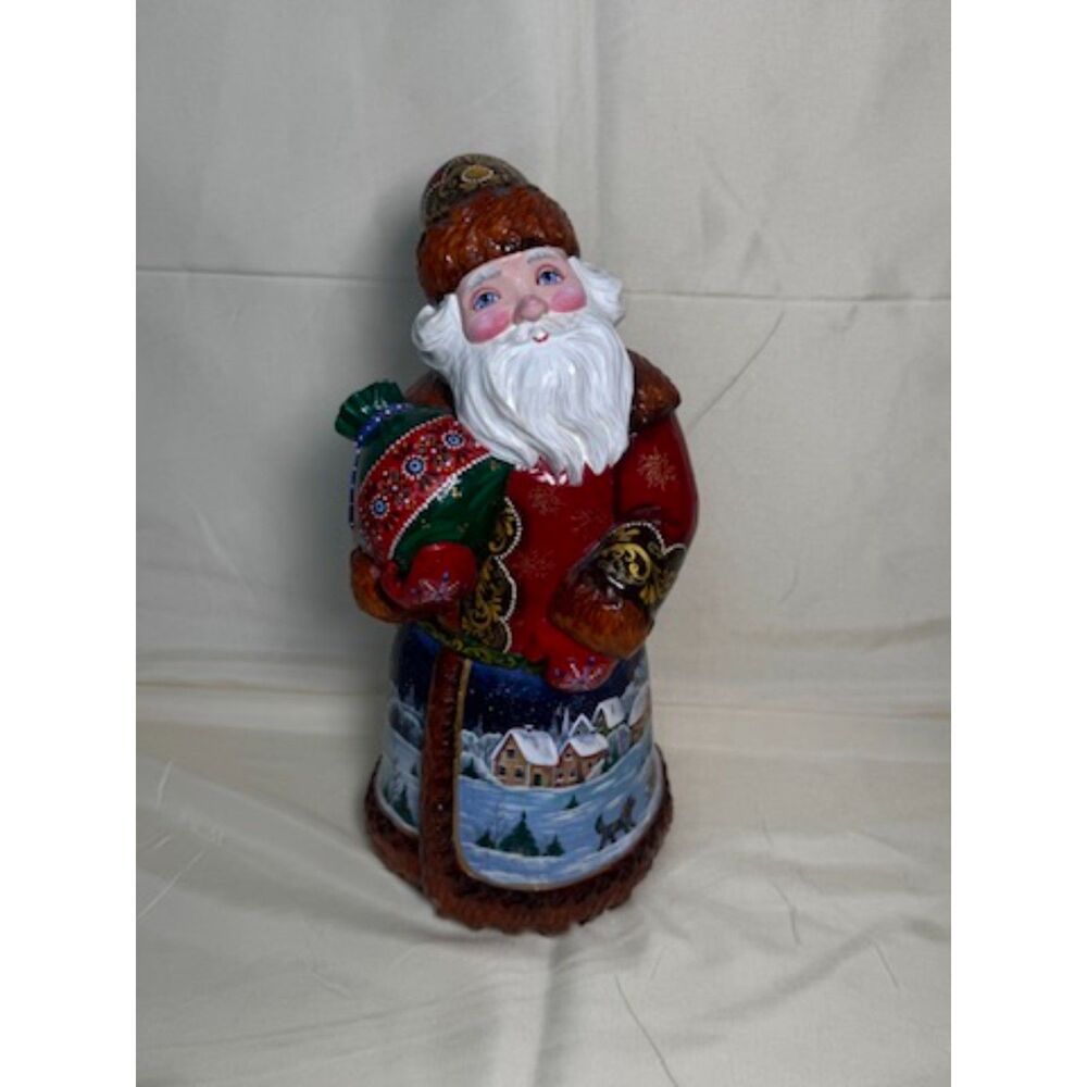 Hand Carved Wooden Russian Santa Claus Village Scene Hand Painted Father Frost